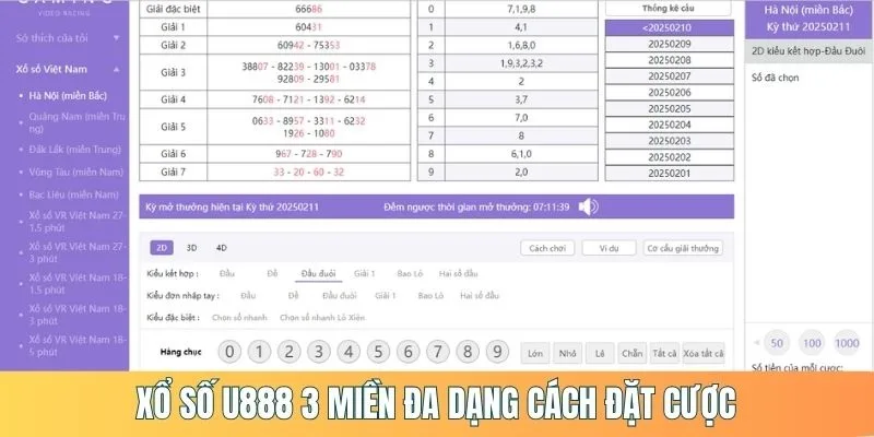 Lô đề 3 miền tại sảnh xổ số U888
